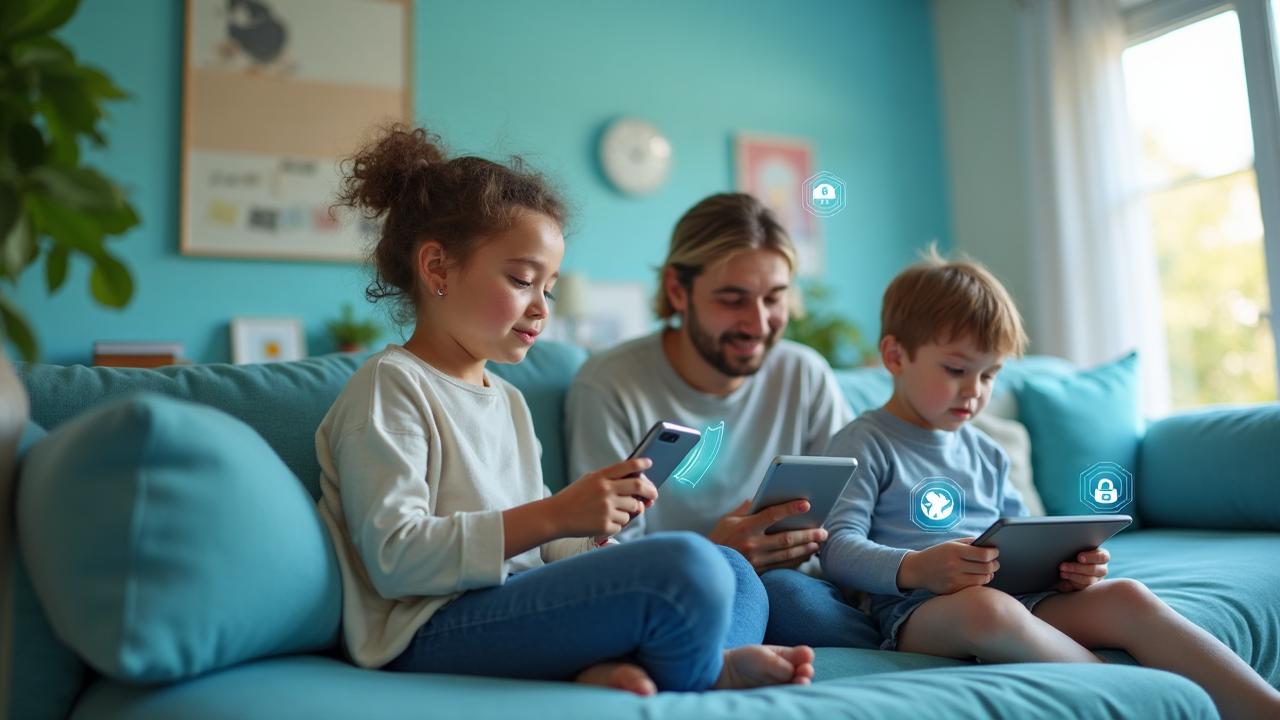 Happy family using devices safely